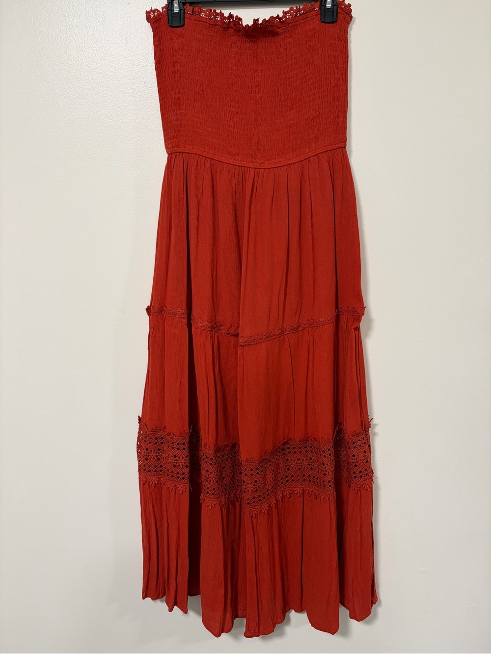 Smocked Strapless Maxi Dress in Crimson with Crochet Accents